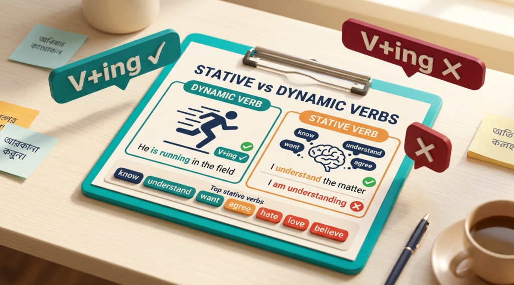 Stative and Dynamic Verbs ইংলিশ গ্রামার ব্লগ হেডার, Dynamic Verb-এ V+ing এবং Stative Verb-এ V+ing ভুল দেখানো হয়েছে বাংলা-ইংলিশ লেবেলসহ