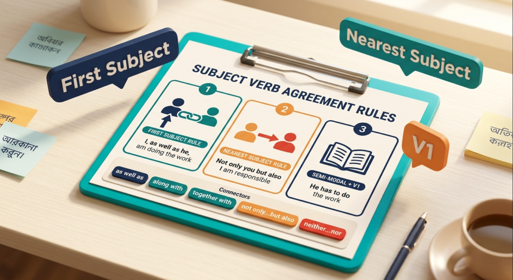 Subject Verb Agreement Rules ইংলিশ গ্রামার ব্লগ হেডার, First Subject Rule, Nearest Subject Rule এবং Semi-Modal Verb Rule দেখানো হয়েছে বাংলা-ইংলিশ লেবেলসহ