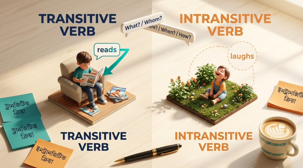 Transitive and Intransitive Verb ইংলিশ গ্রামার ব্লগ হেডার, ছেলে ম্যাগাজিন পড়ছে (Object সহ) বনাম শিশু একা হাসছে (Object ছাড়া) দেখানো হয়েছে, বাংলা-ইংলিশ লেবেলসহ