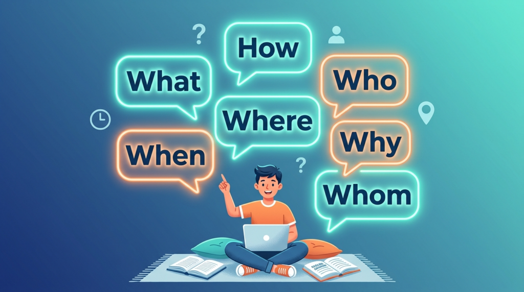 WH Questions এর A to Z-এর সাতটি প্রশ্নবোধক শব্দ (What, How, Who, Where, When, Why, Whom) স্পিচ বাবলে দেখানো একটি শিক্ষামূলক ইনফোগ্রাফিক