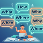 WH Questions এর A to Z-এর সাতটি প্রশ্নবোধক শব্দ (What, How, Who, Where, When, Why, Whom) স্পিচ বাবলে দেখানো একটি শিক্ষামূলক ইনফোগ্রাফিক