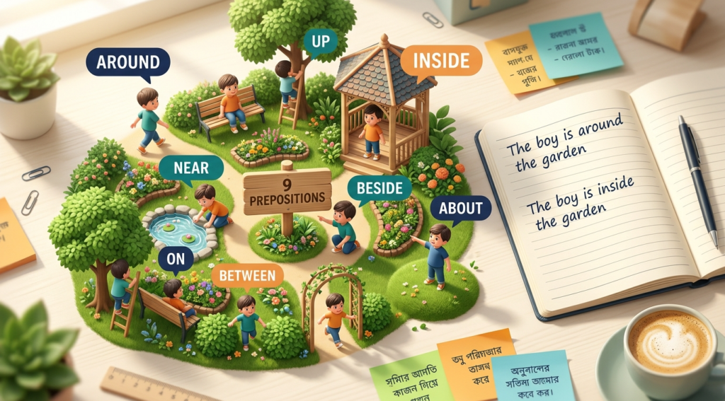 ৯টি Common Preposition ইংলিশ গ্রামার ব্লগ হেডার, বাগানে শিশুর বিভিন্ন অবস্থান around, near, beside, inside, about দিয়ে দেখানো হয়েছে, বাংলা-ইংলিশ লেবেলসহ